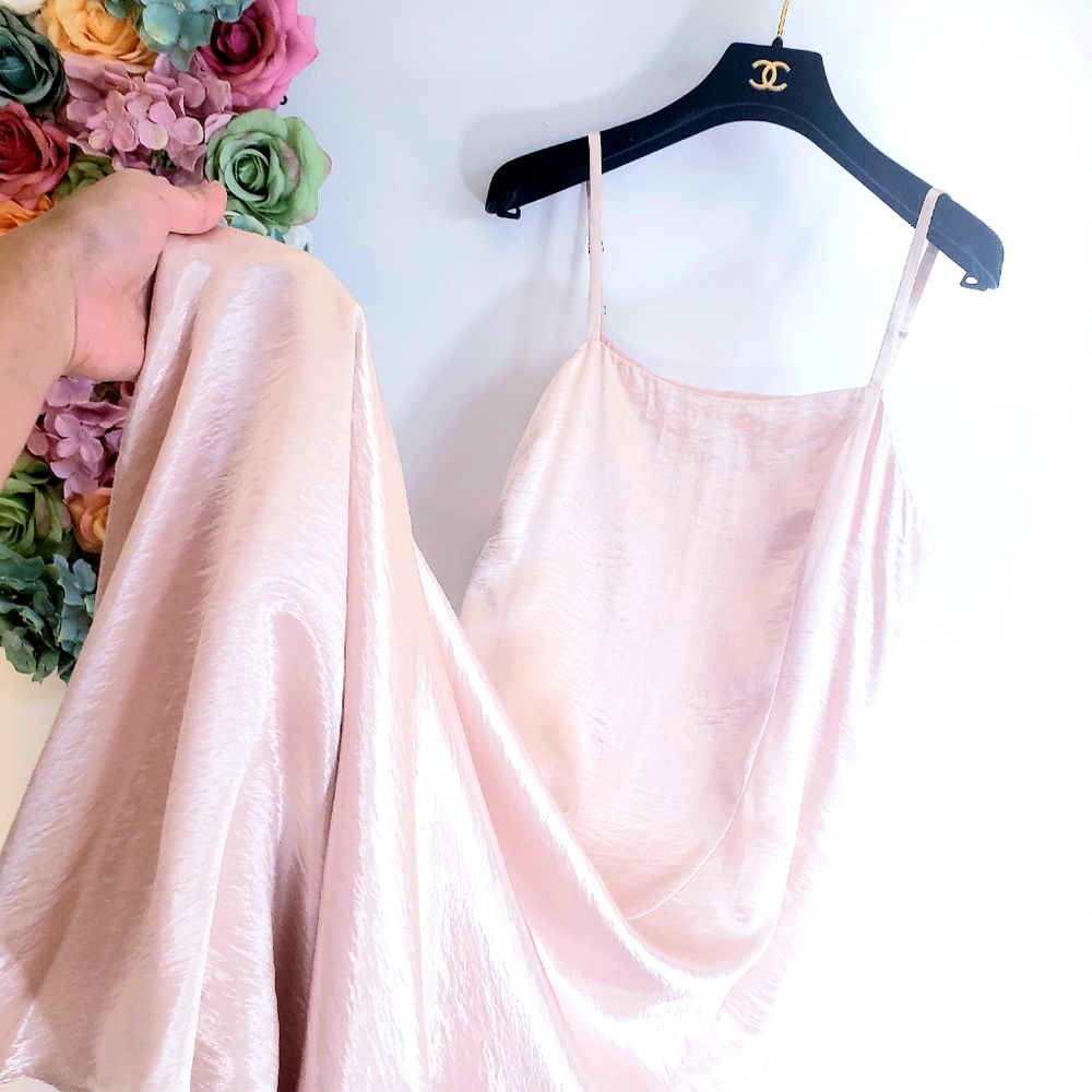 RACHEL ROY Dress Midi Asymmetrical Slip Dress Maxi Nude Satin Glossy Cocktail - Picture 6 of 10